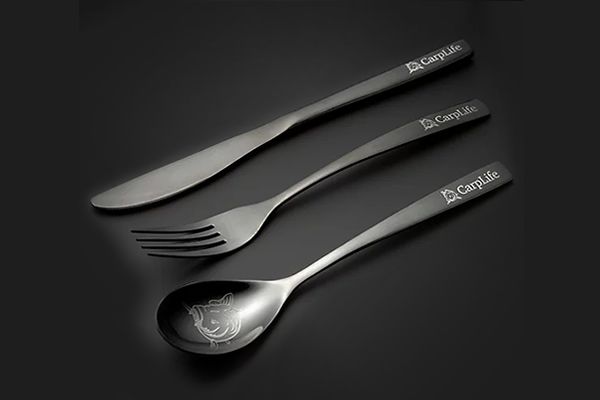 CarpLife Fishing Cutlery Set Etched Carp Fishing Cutlery Set Black Stainless Steel Cutlery Set